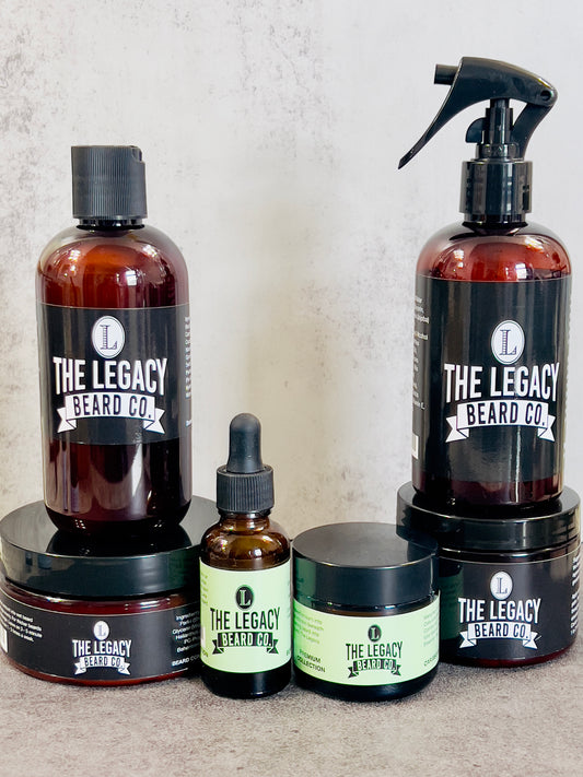 Meet the Ultimate Beard Kit from our Premium Collection. This kit includes a Beard Wash, Beard Conditioner, Beard Hydration Mist, Beard Softener, Beard Butter, Beard Oil