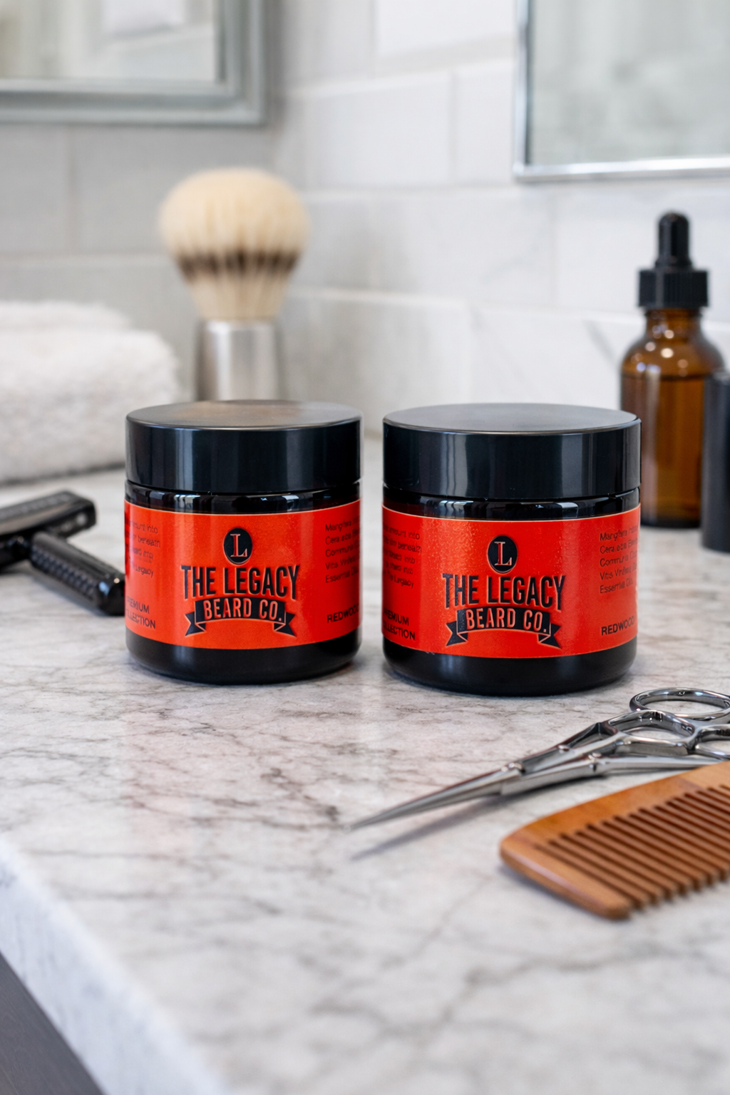 Two jars of 'The Legacy Beard Co.' product on a marble surface with grooming tools in the background.