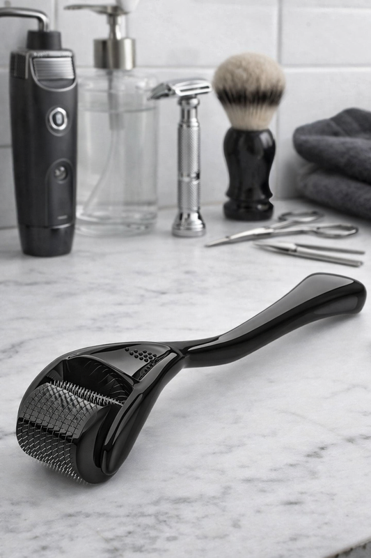 Black skin exfoliating tool on a marble surface with grooming items in the background.
