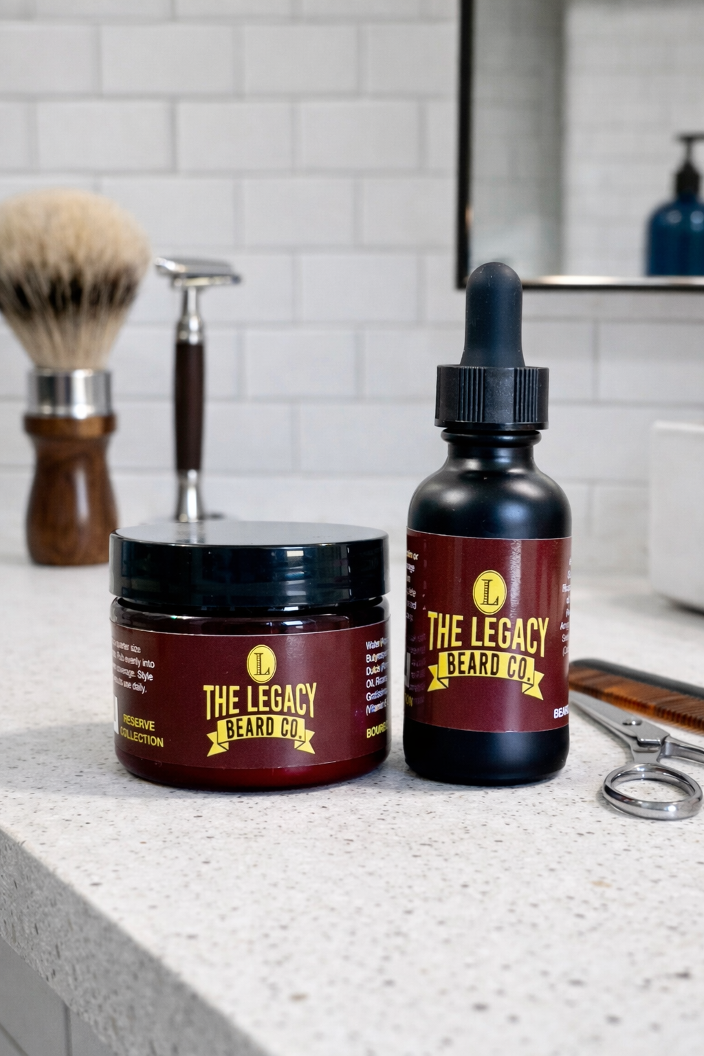 The Legacy Beard Co. products on a bathroom counter with grooming tools.