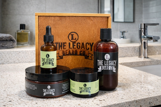 The Legacy Beard Co. product set on a bathroom counter